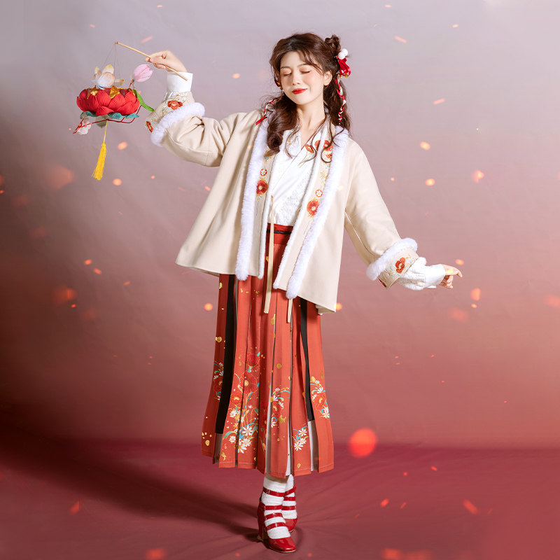 春意闹花朝记汉服原创设计宋制汉元素对襟袄交领印花中长裙秋冬_虎窝淘