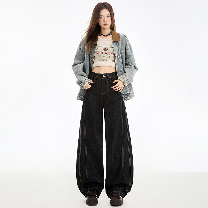 加绒直筒牛仔裤女厚款秋冬新款美式设计感复古宽松显瘦拖地阔腿裤,淘宝优惠券,粉丝福利购,淘宝优惠卷