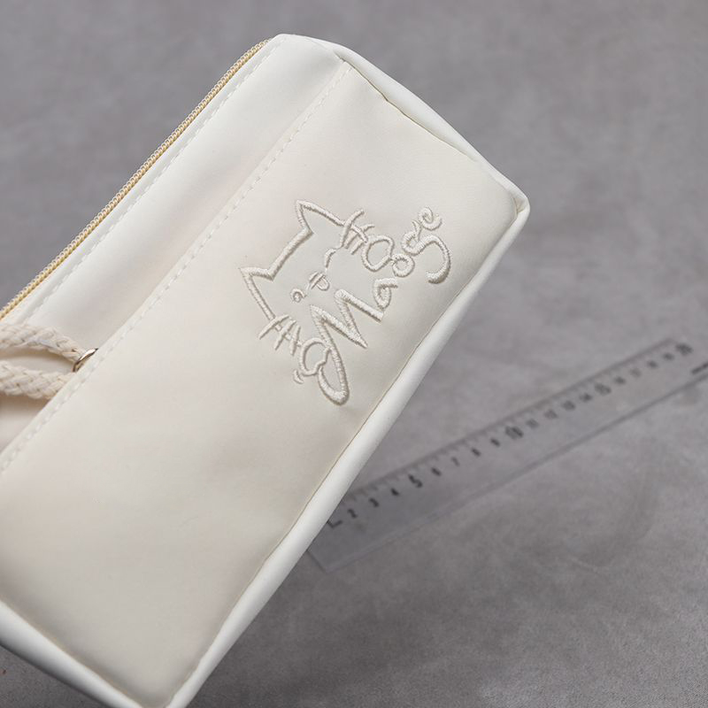 奶白色刺绣小猫笔袋大容量2025新款超火可爱简约女生款ins风高颜值铅笔盒多功能小众不撞款小学生专用文具袋-图0