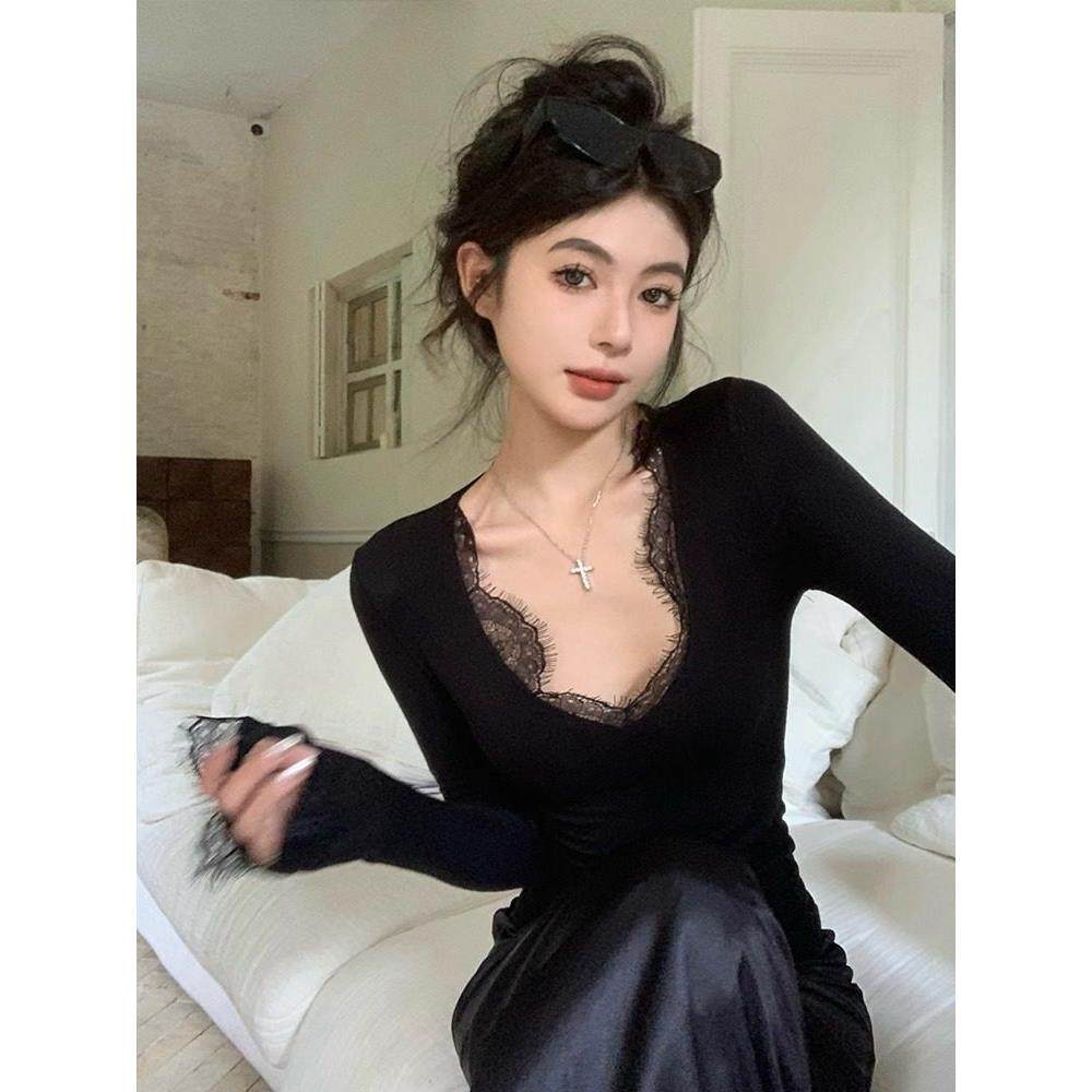 2026秋冬新款纯欲辣妹V领蕾丝打底衫女季长袖叠穿内搭加厚磨毛修,淘宝优惠券,粉丝福利购,淘宝优惠卷