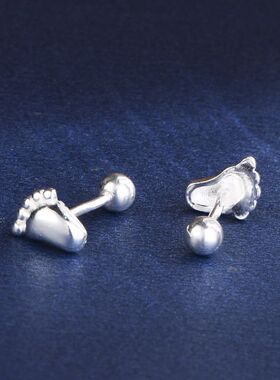 s999通体纯银清新甜美韩版小脚丫拧螺丝耳骨钉足银耳钉饰品女可爱