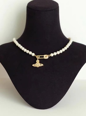 土星灰色珍珠别针项链轻奢小众锁骨链高级感手链时尚百搭女