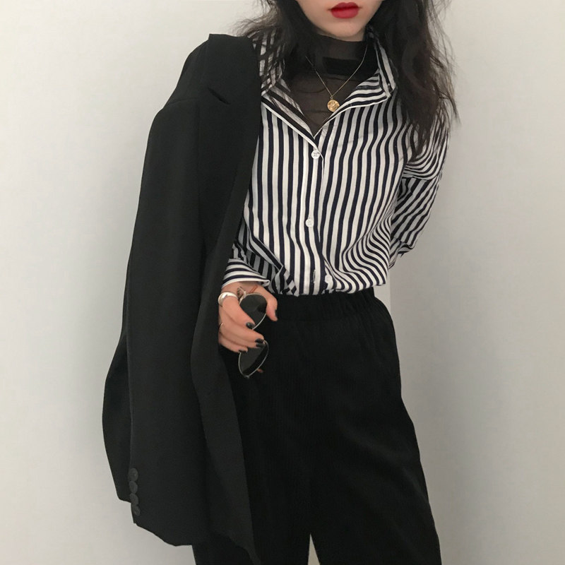 港风深蓝粗条纹衬衫长袖春秋防晒 楠芷凡衬衫