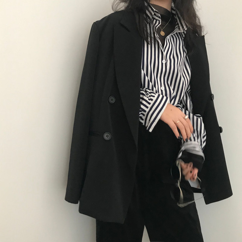 港风深蓝粗条纹衬衫长袖春秋防晒 楠芷凡衬衫