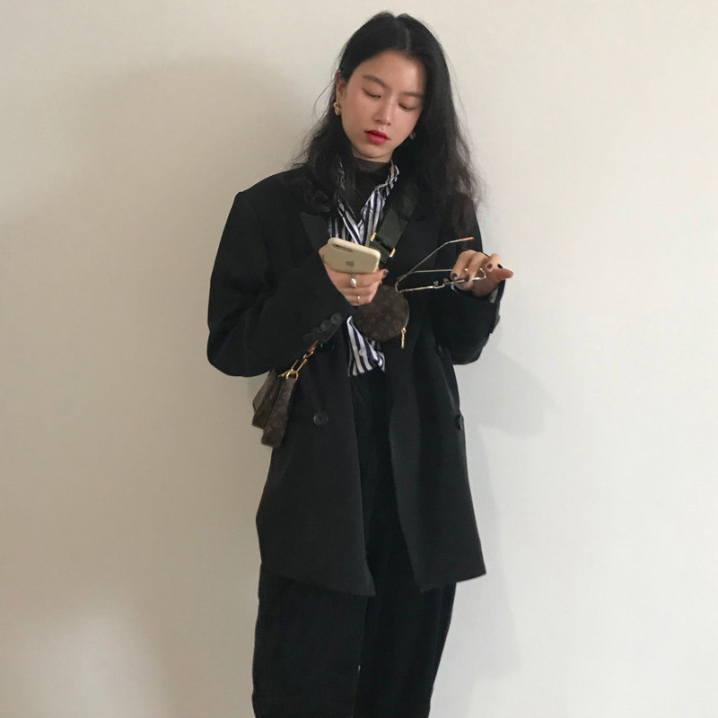 港风深蓝粗条纹衬衫长袖春秋防晒 楠芷凡衬衫