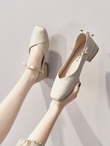 Hong Kong special counter brand square head shoes womens thick heel net red shallow mouth antique grandmother shoes versatile bow fairy shoes