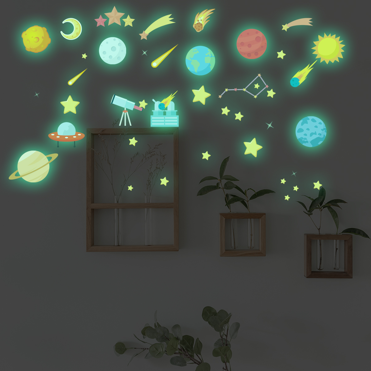 卡通元素宇宙星球发光贴宇航员流星陨石儿童房卧室夜光贴自粘墙纸 - 图2
