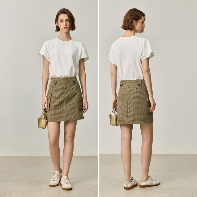 LILY Ole autumn light outdoor workwear plaid versatile A-line skirt women's short style