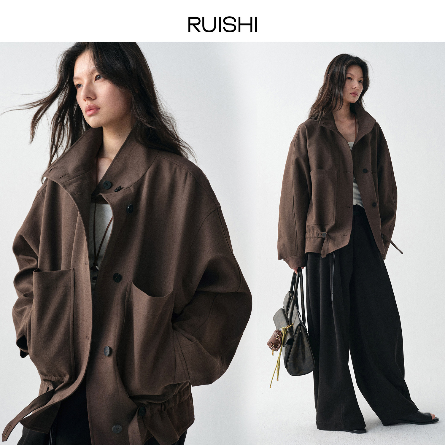 RUISHI芮时“松弛片想”立领大口袋下摆抽绳短款风衣外套女春,淘宝优惠券,粉丝福利购,淘宝优惠卷