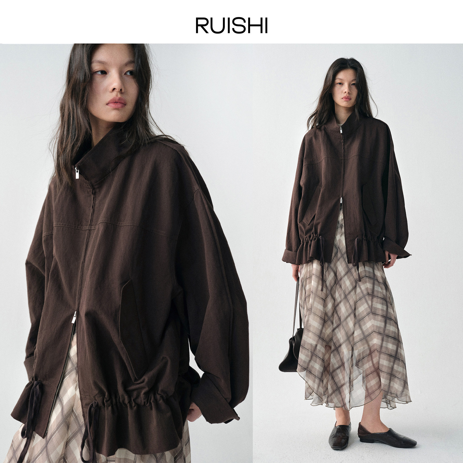 RUISHI芮时 东岸风迹 棉锦混纺低腰抽绳短款显瘦立领风衣外套女春,淘宝优惠券,粉丝福利购,淘宝优惠卷