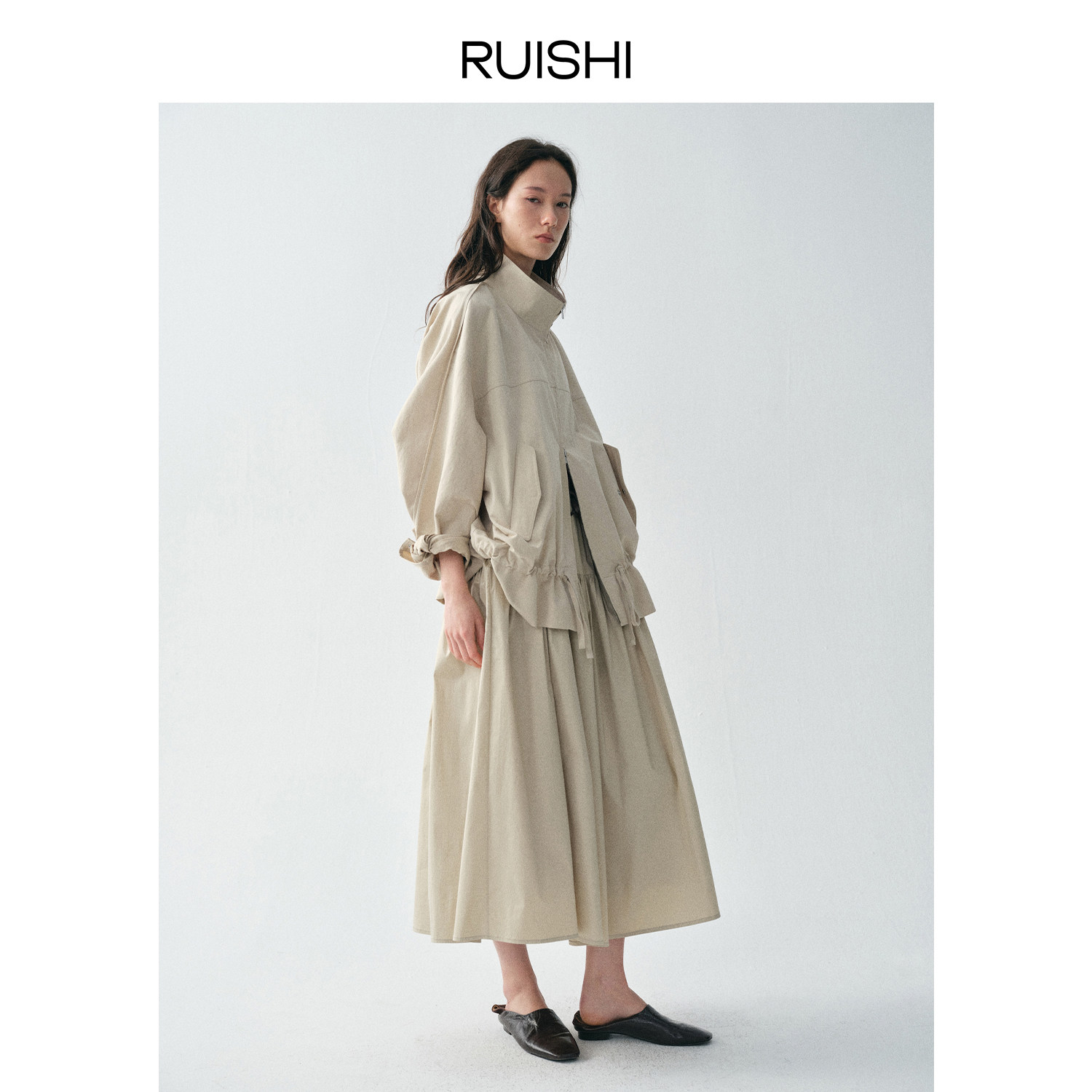 RUISHI芮时 东岸风迹 棉锦混纺低腰抽绳短款显瘦立领风衣外套女春,淘宝优惠券,粉丝福利购,淘宝优惠卷