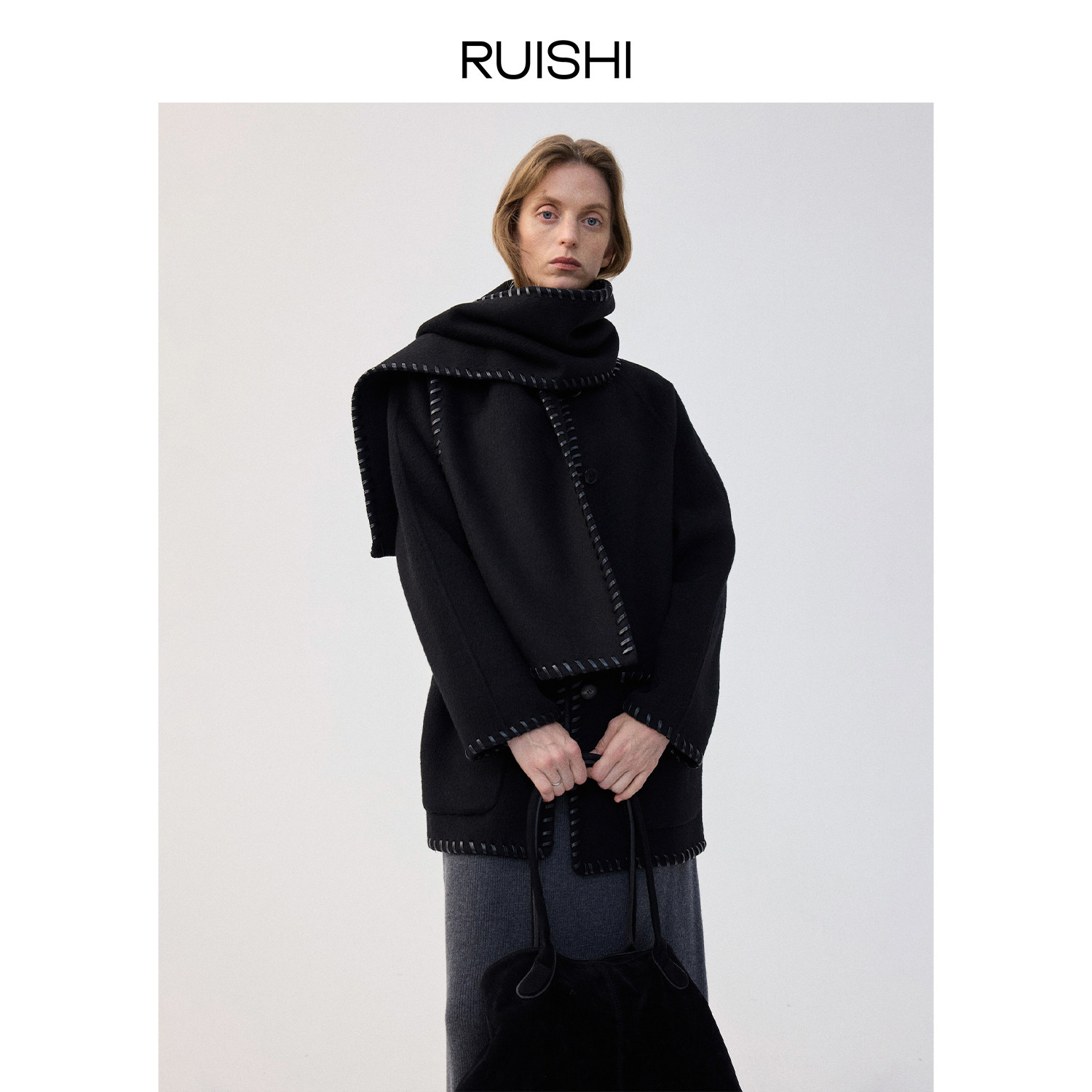 RUISHI芮时 100绵羊毛重工落肩廓形垂感短款双面呢大衣外套女秋冬,淘宝优惠券,粉丝福利购,淘宝优惠卷