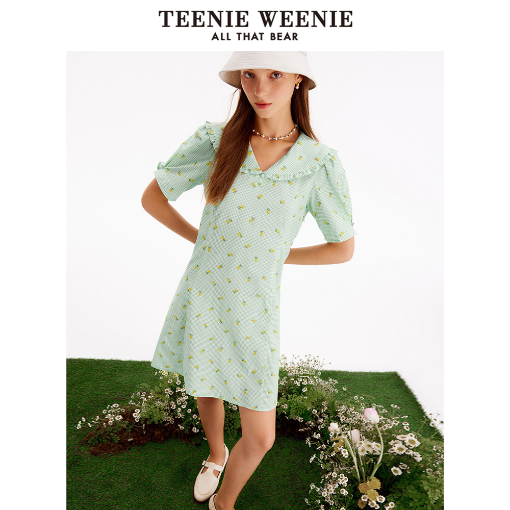 【夏季清仓】TeenieWeenie小熊奥莱清新翻领收腰田园风连衣裙女装 - 图1