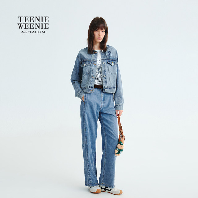 TeenieWeenie Bear ແມ່ຍິງຄົນອັບເດດ: ພາກຮຽນ spring Temperament ປະຈໍາວັນ commuing Denim ຂອບດິບ Embroidered ເສື້ອກັນຫນາວຄໍມົນ