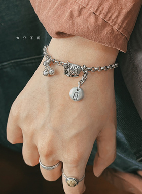 不闲原创手作 复刻老银葫芦铃铛纯银手链 新中式925纯银女款