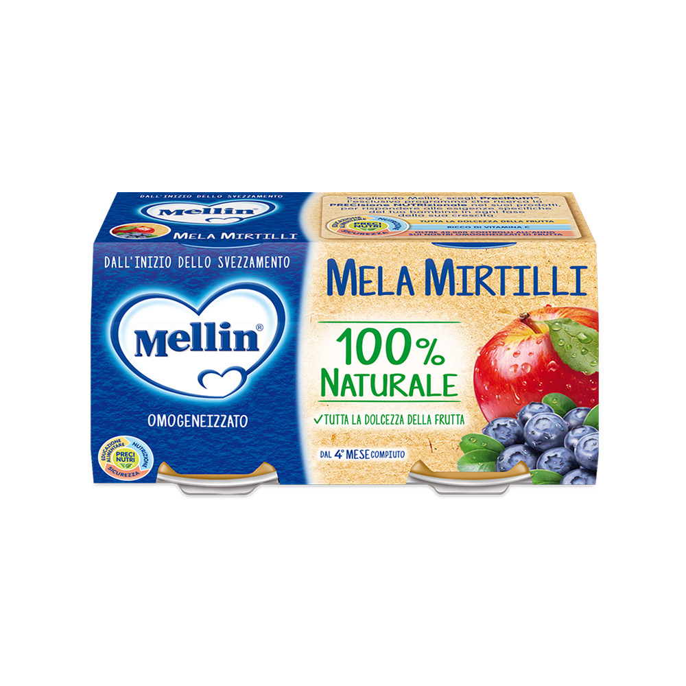 mellin铭帆海外专卖店意大利Mellin婴幼儿营养水果泥进口儿童辅食蓝莓苹果汁泥100g*4罐0