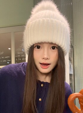 新款高档兔毛针织帽子女冬季白色加厚保暖毛线帽女狐狸毛球护耳帽