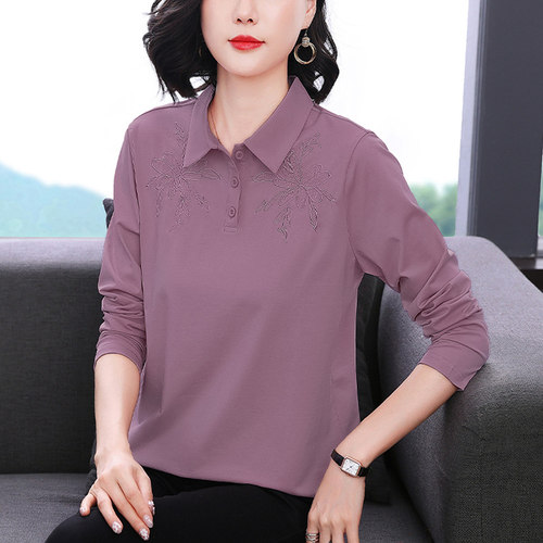 妈妈新款秋季翻领时尚长袖T恤衫女装中老年休闲刺绣大妈宽松上衣 - 图1