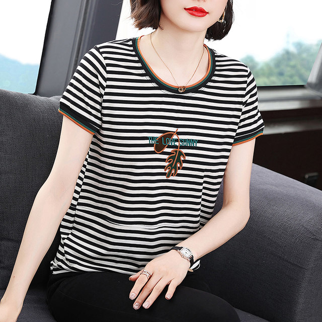 Inpenny summer mom ເສື້ອທີເຊີດ embroidered striped