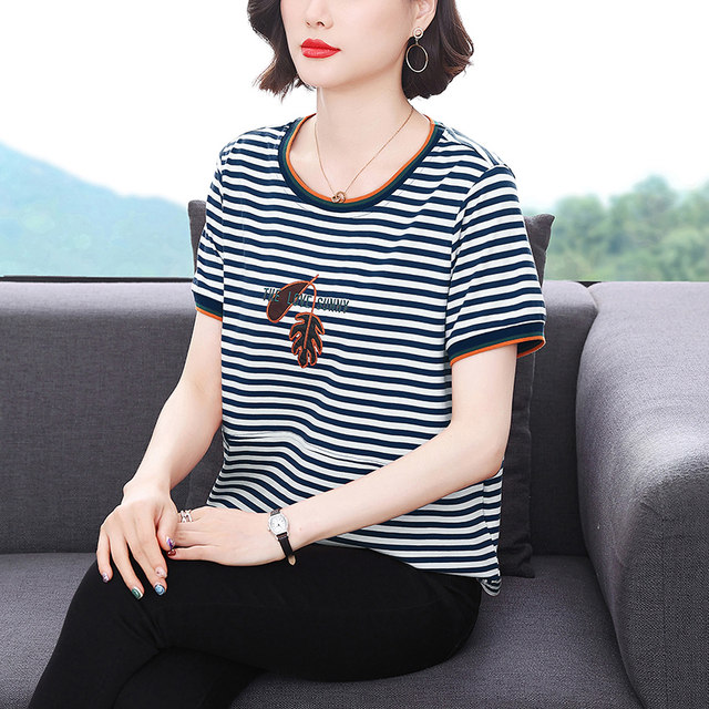 Inpenny summer mom ເສື້ອທີເຊີດ embroidered striped