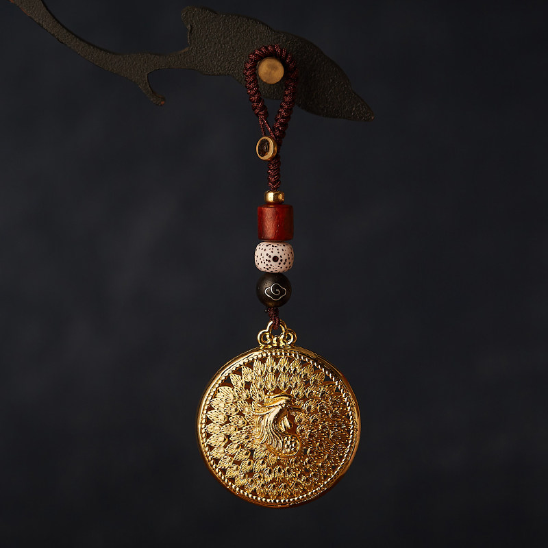 黄铜镀沙金凤凰汽车钥匙扣挂件吊坠高级感男女复古手工编织礼物,淘宝优惠券,粉丝福利购,淘宝优惠卷