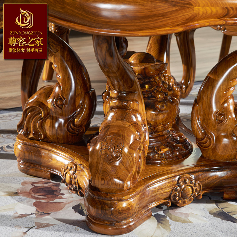 高端别墅乌金木实木大象餐桌餐椅组合 欧式奢华天然大理石圆餐台,淘宝优惠券,粉丝福利购,淘宝优惠卷