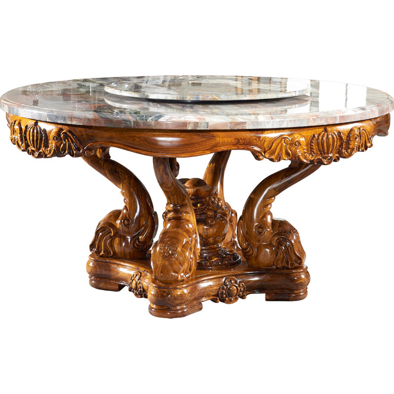 高端别墅乌金木实木大象餐桌餐椅组合 欧式奢华天然大理石圆餐台,淘宝优惠券,粉丝福利购,淘宝优惠卷