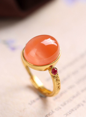 S925纯银镀金南红玛瑙戒指