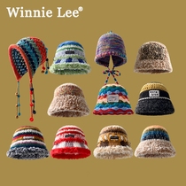 Winnie Lee Japanese designer joint paragraph retro knit wool line cap warm plush fisherman hat winter