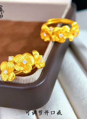 女士开口戒可调节花朵戒指女款镶钻轻奢小众高级感食指戒古法沙金