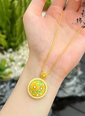 金店同款高保色古法沙金珐琅烧蓝镶钻向阳花转动罗盘吊坠