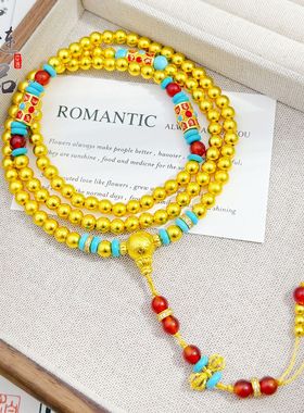 中链手作古法沙金磨砂多圈佛珠手链项链女 新中式降魔杵金珠手链