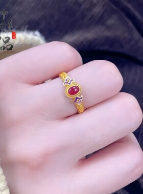 金店同款古法沙金鎏金点钻花丝凤鸢珐琅戒指开口可调节女供货