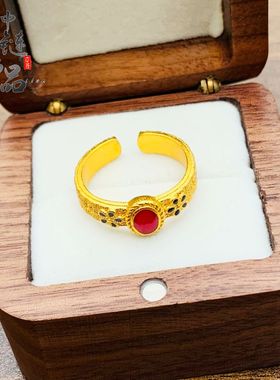 金店同款古法沙金凤华玲珑开口戒指女珐琅烧蓝中式宫廷风小花戒指