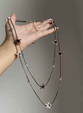 老钱风叠戴双层黑色星星项链女复古时髦锁骨链小众设计颈部配饰78
