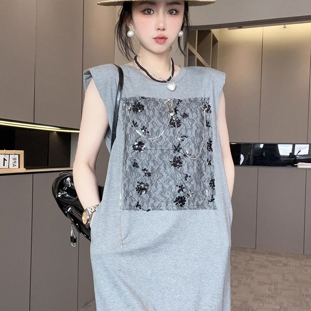 Sleeveless dress for women 2025 summer new style lace splicing hem heavy sequin metal chain round neck long skirt