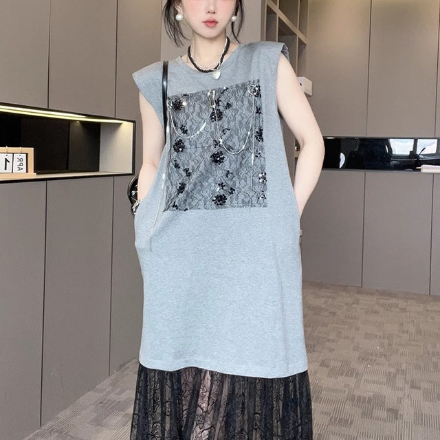 Sleeveless dress for women 2025 summer new style lace splicing hem heavy sequin metal chain round neck long skirt