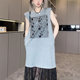 Sleeveless dress for women 2025 summer new style lace splicing hem heavy sequin metal chain round neck long skirt