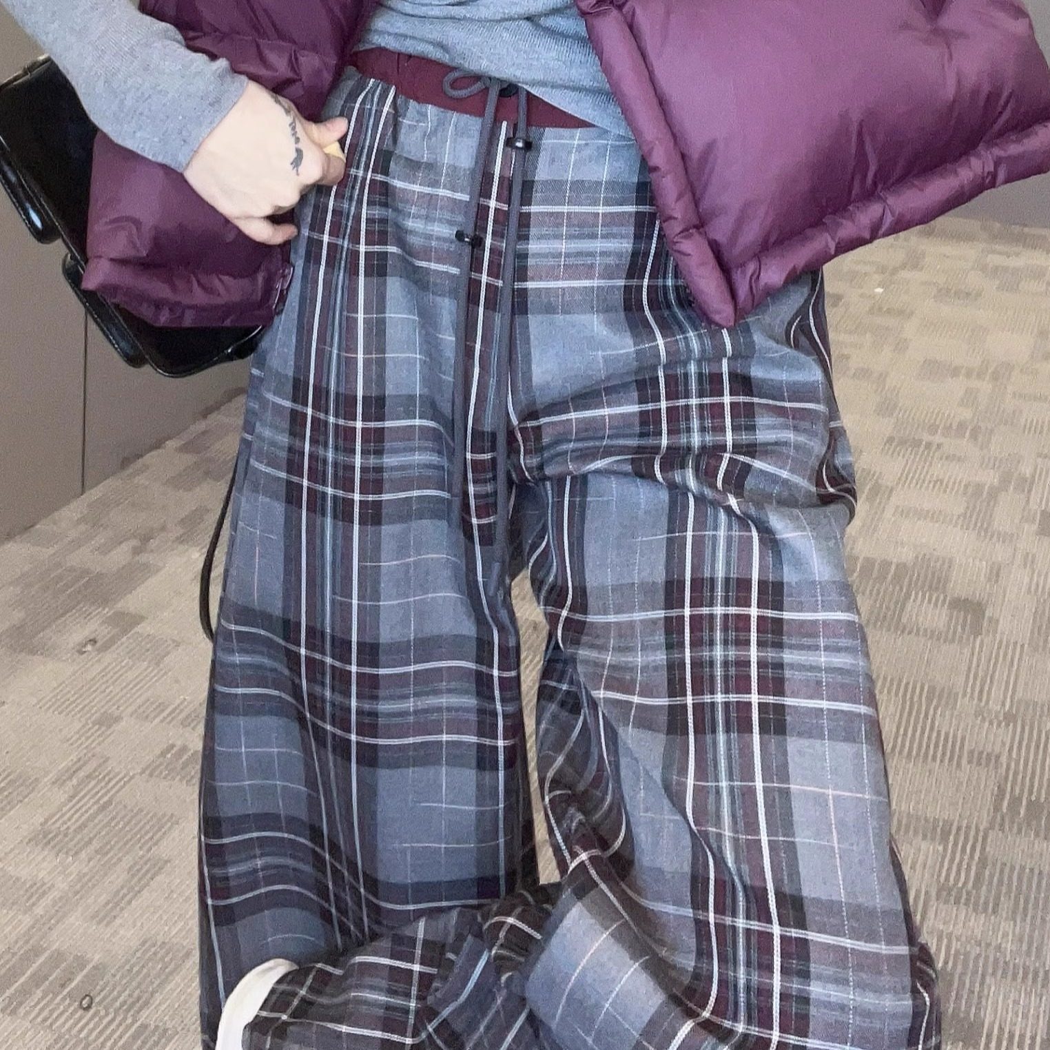 特价格子长裤女2025秋季新款欧洲站休闲阔腿裤高腰直筒长裤裤子,淘宝优惠券,粉丝福利购,淘宝优惠卷