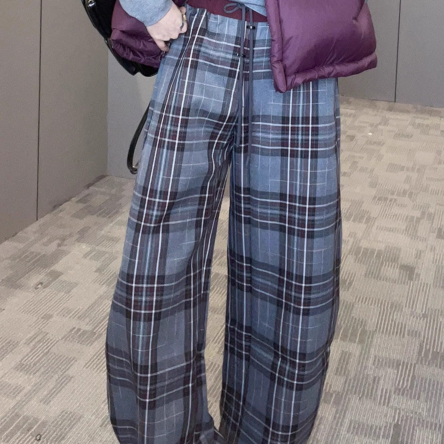 特价格子长裤女2025秋季新款欧洲站休闲阔腿裤高腰直筒长裤裤子,淘宝优惠券,粉丝福利购,淘宝优惠卷