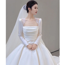 Satin wedding dress bride 2023 new main yarn retro light wedding gown gown out of the door yarn little sub long sleeve female autumn winter