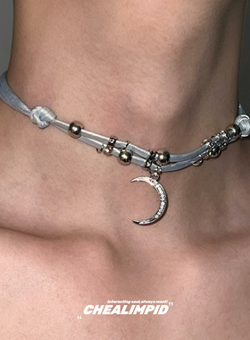 CHEALIMPID/.闪钻月亮银色皮革项圈choker小众设计高级感颈链项链