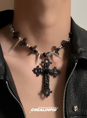 CHEALIMPID/.十字架吊坠铆钉碎石暗黑风项链小众设计男女潮锁骨链