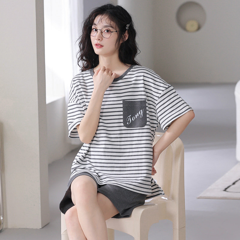 情侣夏季纯棉短袖休闲宽松睡衣 纯柚睡衣/家居服套装