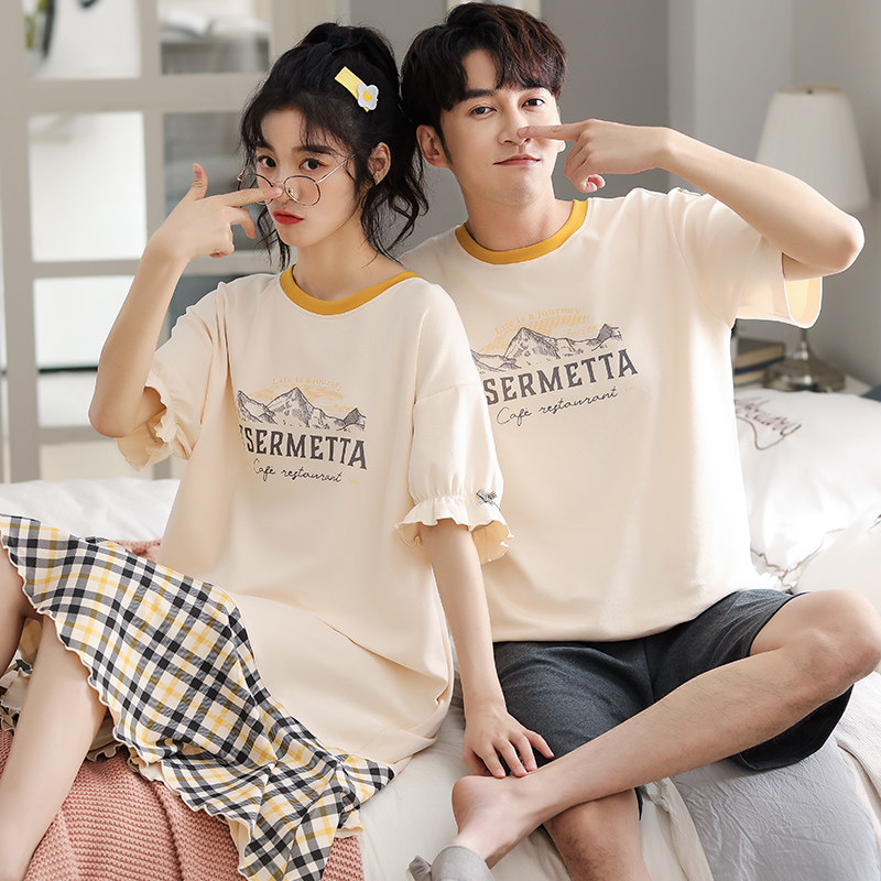 2套价情侣夏纯棉短袖夏季韩版睡裙 纯柚睡衣/家居服套装