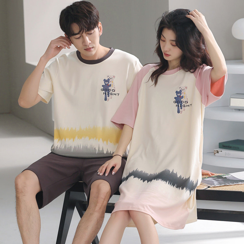 情侣装一男一夏季纯棉短袖卡通睡裙 纯柚睡衣/家居服套装