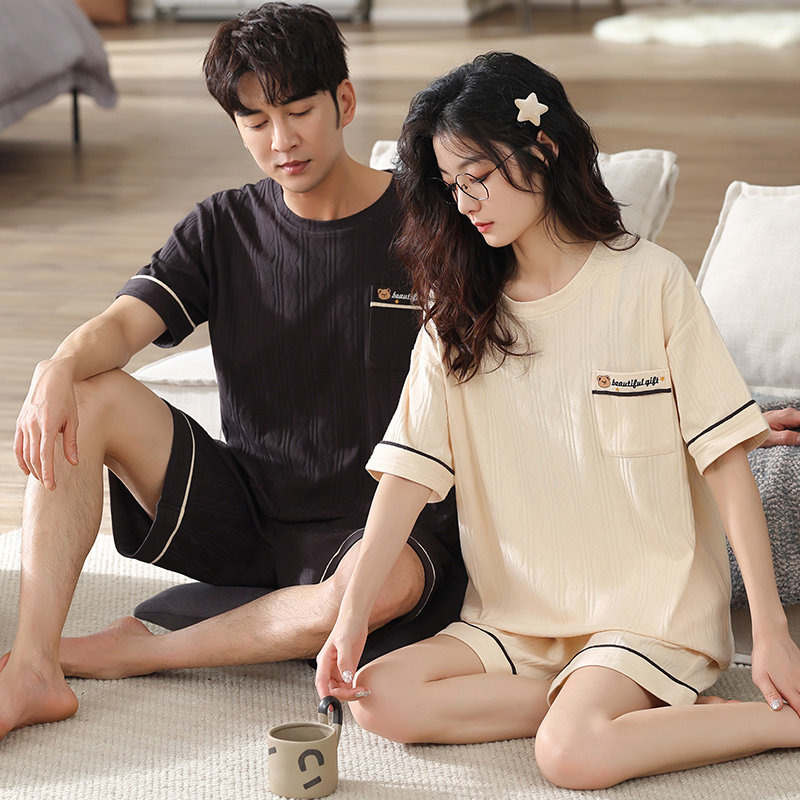 华夫格情侣夏季纯棉短袖韩版睡衣 纯柚睡衣/家居服套装