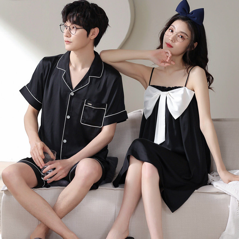 情侣夏季冰丝短袖套装男吊带睡裙 纯柚睡衣/家居服套装