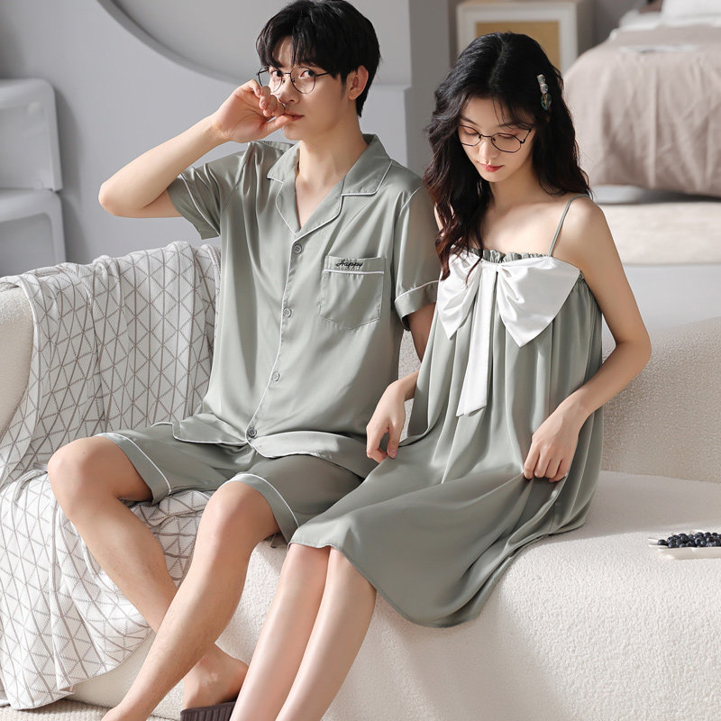 情侣夏季冰丝短袖套装男吊带睡裙 纯柚睡衣/家居服套装