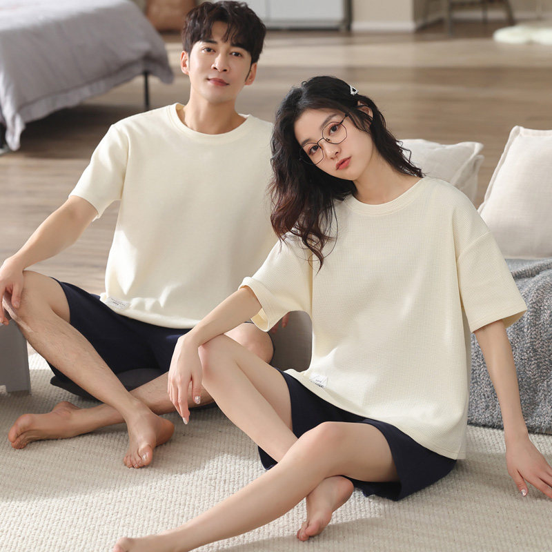 华夫格情侣夏季纯棉短袖韩版睡衣 纯柚睡衣/家居服套装
